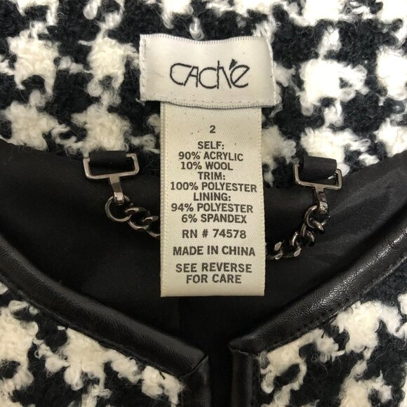 Cache Women's Size 2 Wool Blend Cropped Jacket Black White Houndstooth Blazer - Picture 8 of 9